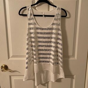 Studio Y white and silver sequin tank top with sheer hem